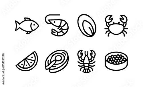 Seafood icons collection: fish, shrimp, mussel, crab, lemon, salmon, lobster, caviar