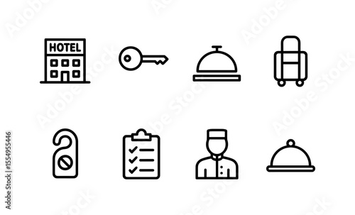 Minimalist hotel icons set: reception, luggage, bell, key, uniform