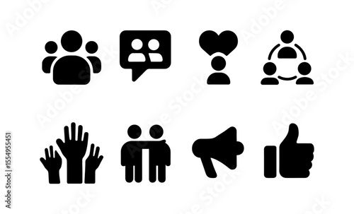 Simple icons for communication and social interaction: group, heart, hands, megaphone, like
