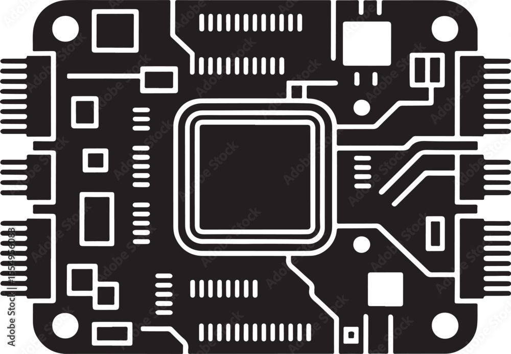 Stylized black silhouette of a complex electronic circuit board with many connections