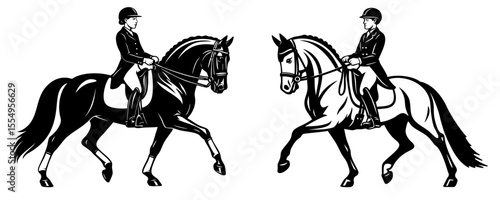 Two dressage riders in synchronized trot on elegant horses, black and white vector illustration