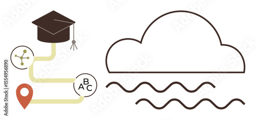 Graduation cap with pathway linking milestones to a cloud and wave design, symbolizing education, learning, and progress. Ideal for education, knowledge sharing, innovation, career growth
