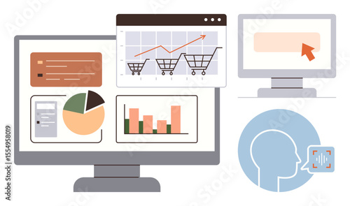Monitors display charts, carts, and data for analytics, sales, and growth. A speech recognition icon represents voice command. Ideal for technology, e-commerce, data marketing business research