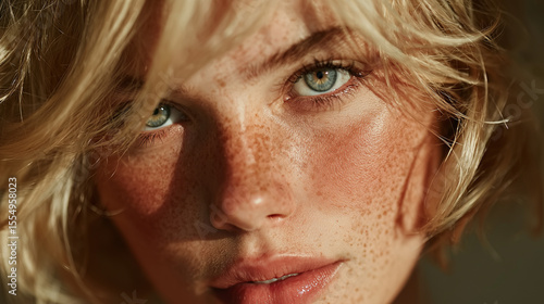Close-Up of a Freckled Woman’s Face with Blue Eye and Natural Light