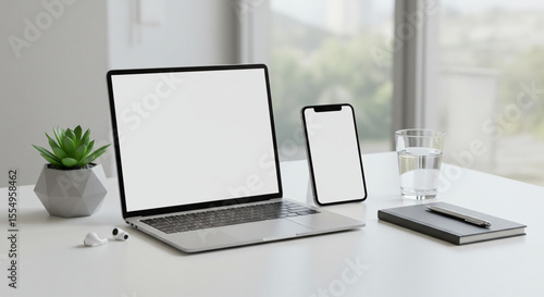 Clean Minimalist Workspace Mockup with Laptop and Smartphone - Modern Tech Template