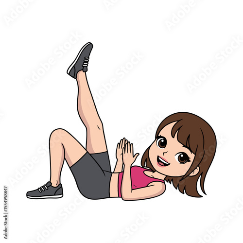 Smiling Woman Doing Abdominal Crunch Vector Illustration.