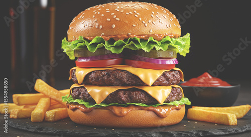 Gourmet Double Cheeseburger with French Fries on Dark Slate Background