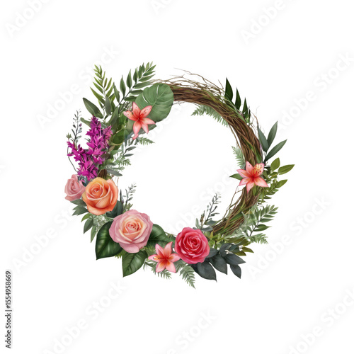 Vibrant Floral Wreath with Roses, Lilies, and Greenery - Perfect for Wedding, Spring, or Summer