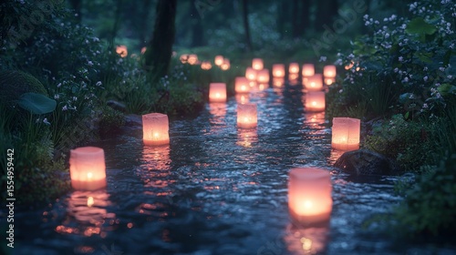 A stream in a misty forest, lit by numerous floating lanterns