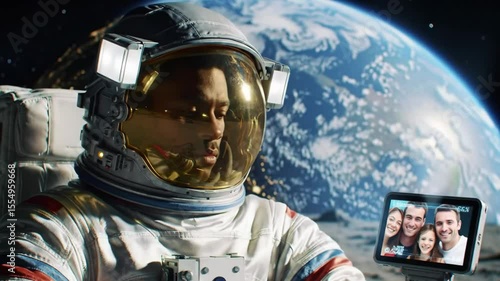 Astronaut on the moon has a video call with his family on a tablet.