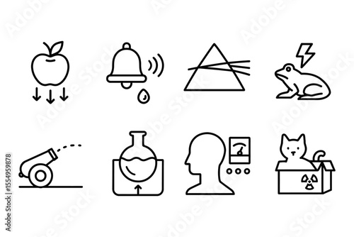 Icons of famous scientific experiments including gravity, optics, and quantum concepts, vector illustration