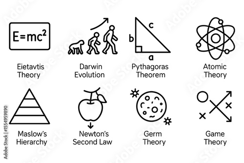Icon set of scientific theories and concepts with minimalist symbolic illustrations, vector illustration