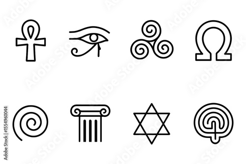 Ancient symbol collection featuring cultural and spiritual icons, vector illustration