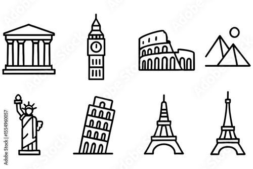 Iconic landmarks line art collection featuring famous structures around the world, vector illustration