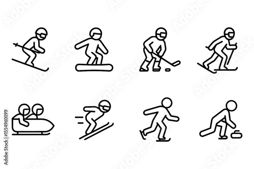 Winter sports icons featuring skiing, snowboarding, ice hockey, and bobsledding, vector illustration