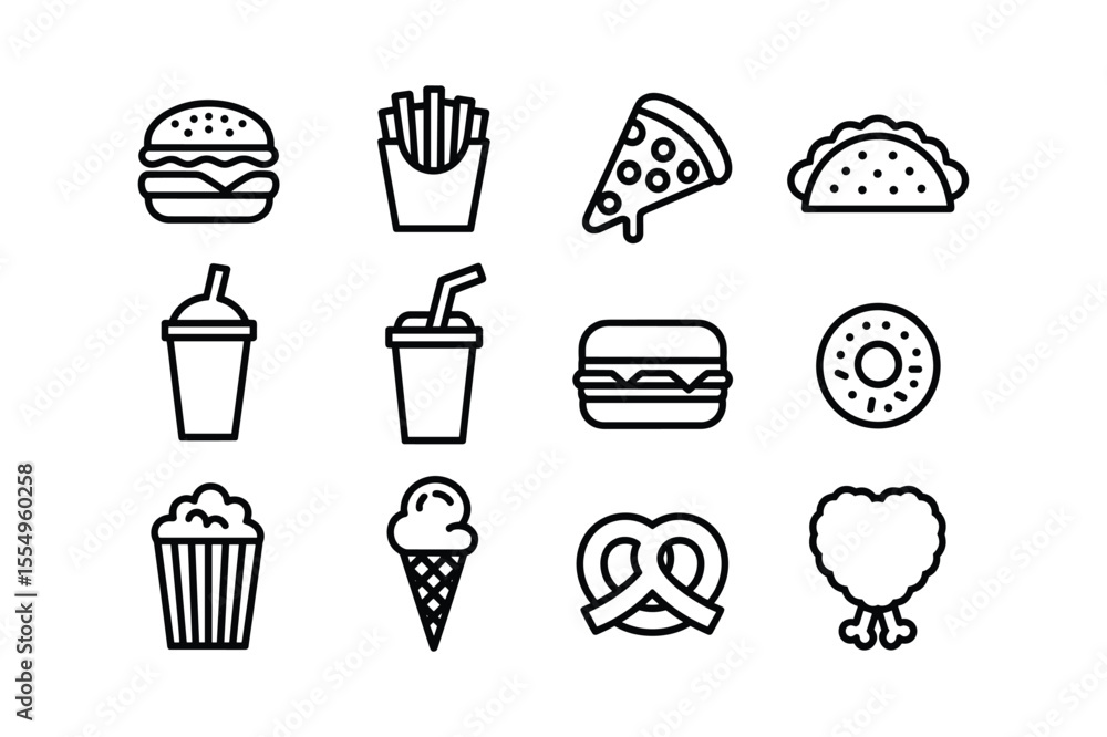 Black and White Fast Food Icon Set Burger Fries Pizza Taco Soda Popcorn Ice Cream Pretzel Chicken Black and White Fast Food Icon Set Burger Fries Pizza Taco Soda Popcorn Ice Cream Pretzel Chicken