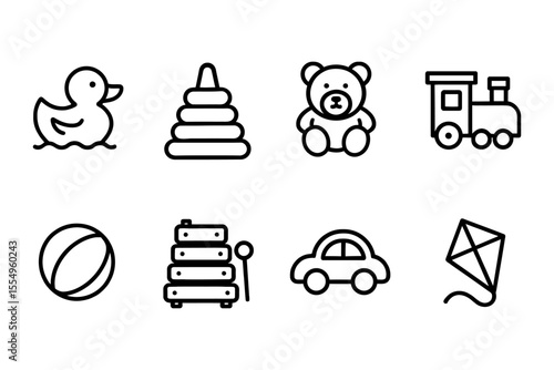 Children's toy icons collection featuring duck, teddy bear, and more, vector illustration