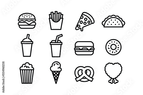 Black and White Fast Food Icon Set Burger Fries Pizza Taco Soda Popcorn Ice Cream Pretzel Chicken
