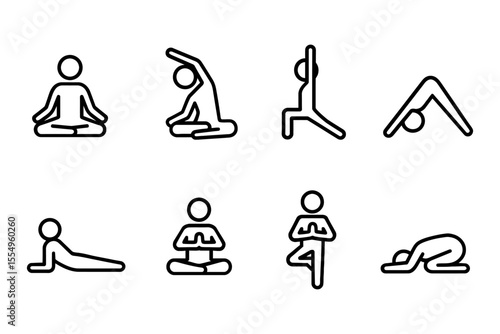 Minimalist yoga pose icons featuring eight meditative and stretching positions, vector illustration