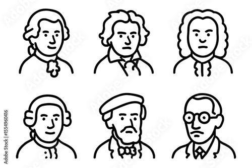 Iconic composers portraits in minimalist style, vector illustration