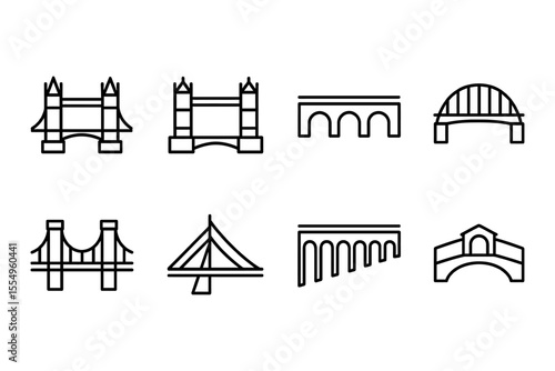 Iconic bridge designs and architectural structures collection, vector illustration