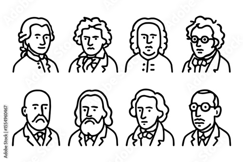 Portraits of famous classical music composers in minimalist line art style, vector illustration