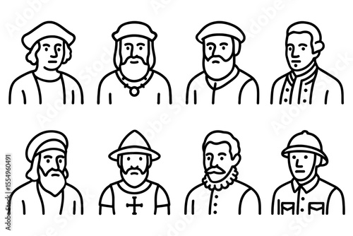 Historical explorers and pioneers line art collection, vector illustration