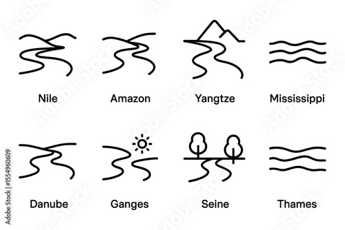 Simplified river symbols representing famous rivers, geographic icons, vector illustration