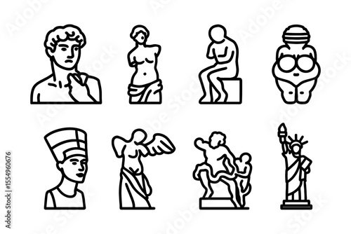 Iconic sculptures and statues line art collection, celebrating timeless artistry and cultural heritage, vector illustration