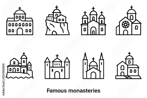 Iconic monasteries collection featuring historic religious architecture, vector illustration