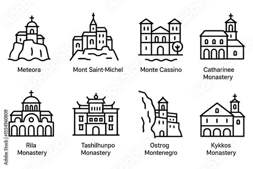 Iconic monasteries around the world: line art collection, vector illustration