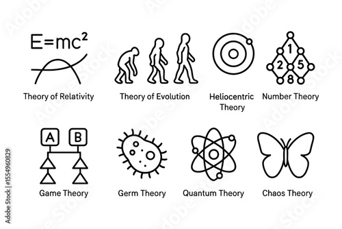 Visual representation of scientific theories featuring relativity and evolution, vector illustration