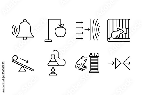Behavioral psychology concepts and experiments illustrated with conditioning elements, vector illustration