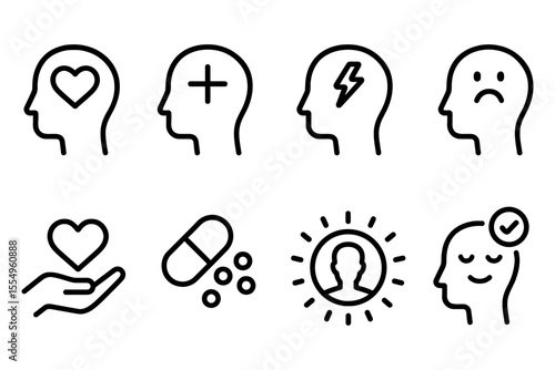 Mental health and wellness icon set reflecting emotional and psychological wellbeing, vector illustration
