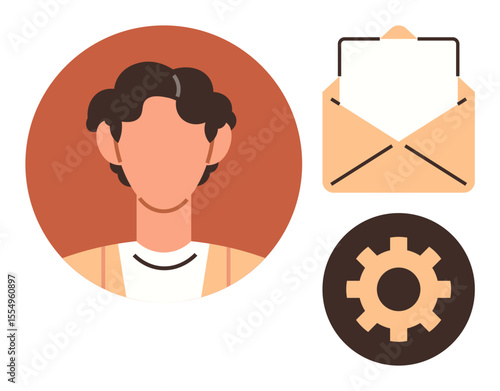 Faceless avatar in circular frame near open envelope and gear icon. Ideal for online profiles, communication, email, personalization, management tools, account setup, user configuration. Simple flat
