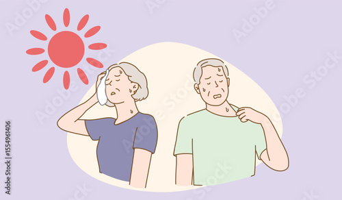 Vector illustration of an elderly couple feeling hot and sweating under a strong sun. This image depicts the effects of a heatwave or hot weather on seniors. The woman is wiping her forehead with a to