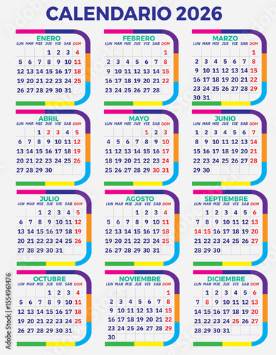 Colorful Spanish 2026 calendar template with rounded corners and bold typography, each month in a separate box, rainbow-colored borders, week starting on Monday, modern flat design, vector layout, all