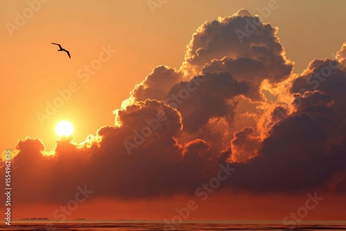 A bird flying over the ocean at sunset