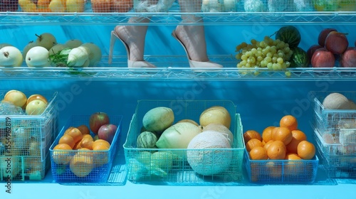 Fototapeta Naklejka Na Ścianę i Meble -  Open refrigerator filled with fresh fruits and vegetables in clean modern kitchen healthy storage setting