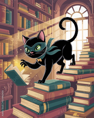 Sleek black cat burglar reaching for golden bookmark, grand library, moonlight, cozy secretive atmosphere