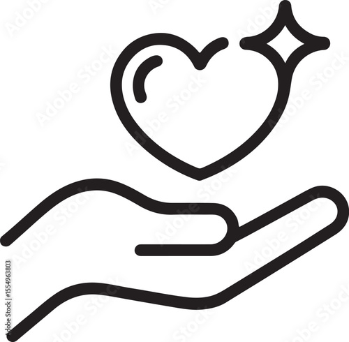Hand Gently Holding a Heart with a Sparkle Symbolizing Love Giving Care and Charity in Simple Black and White Outline