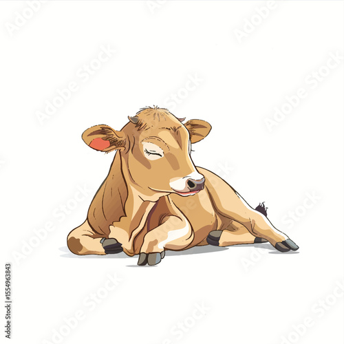 A Gentle Cartoonish Calf Resting Depicted in Soft Hues