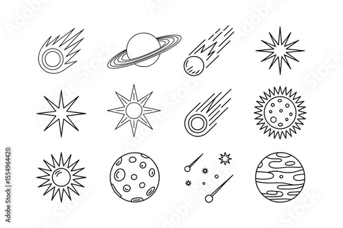 Black Line Celestial Body Icons Set Stars Planets Comets Moons icon set space