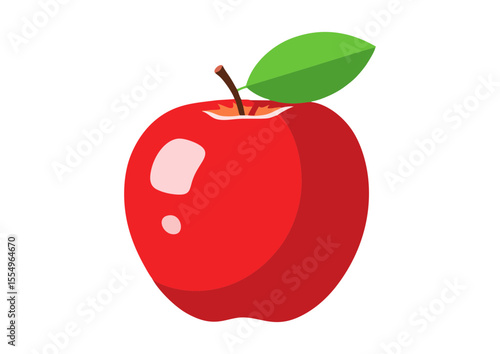 Shiny red apple with green leaf on white background, symbol of knowledge, minimalist design, concept image