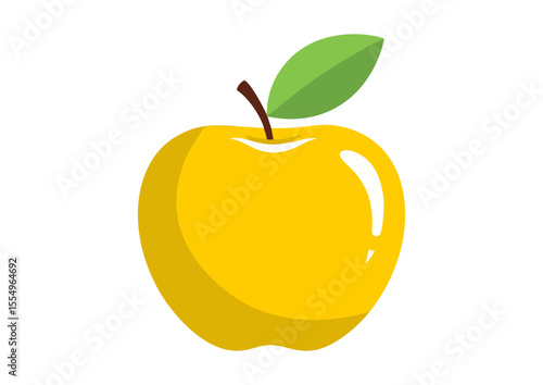 Bright yellow apple with green leaf on white background, symbol of knowledge, minimalist design, concept image