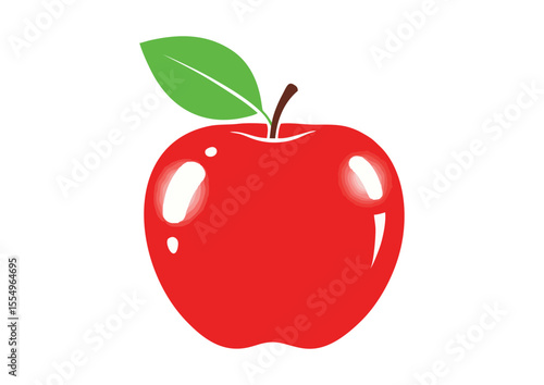 Bright red apple with green leaf on white background, symbol of knowledge, minimalist design, concept image