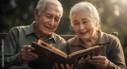 Happy elderly couple looking through a photo album outdoors