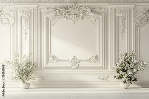 Wallpaper Mural Elegant white wall with ornate molding adorned with delicate flowering plants creates a serene and sophisticated Torontodigital.ca