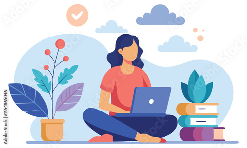 A person is sitting cross legged on a light blue surface working on a laptop surrounded by plants and books with clouds in the background