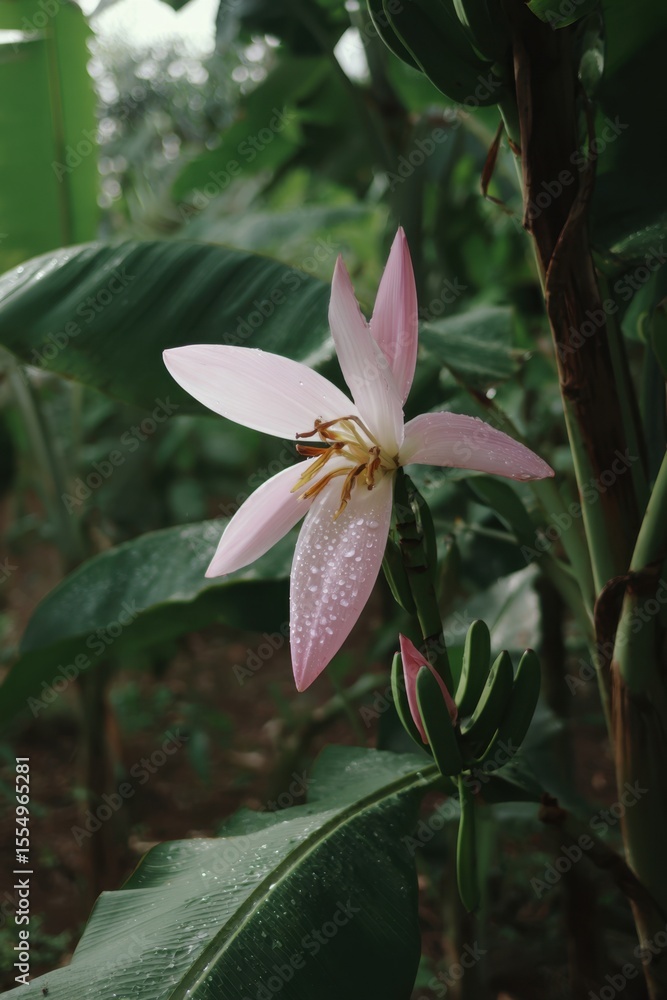 Fototapeta premium A pink flower with water droplets on it in a garden